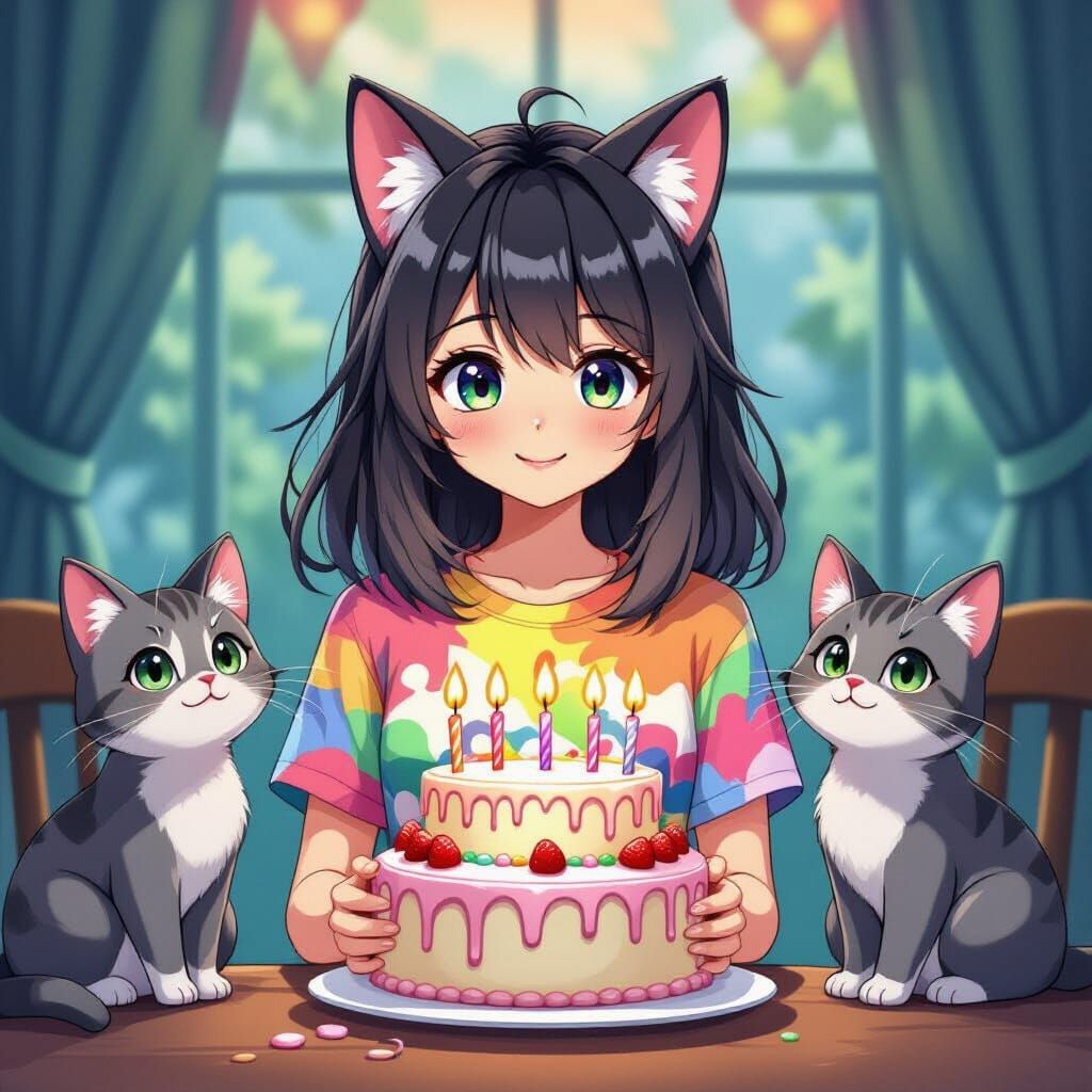 Anime Girl with Cat Ears Celebrates Birthday