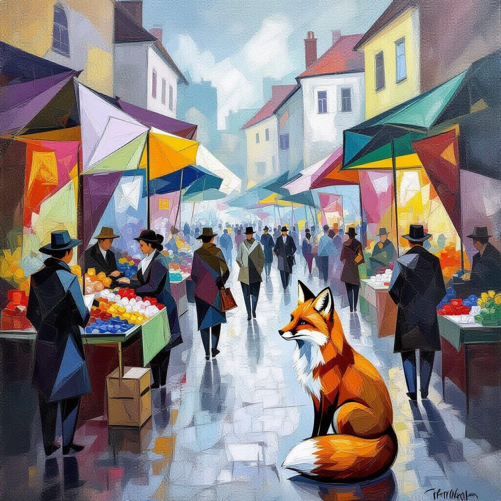 Cubist Marketplace Scene with Calm Fox