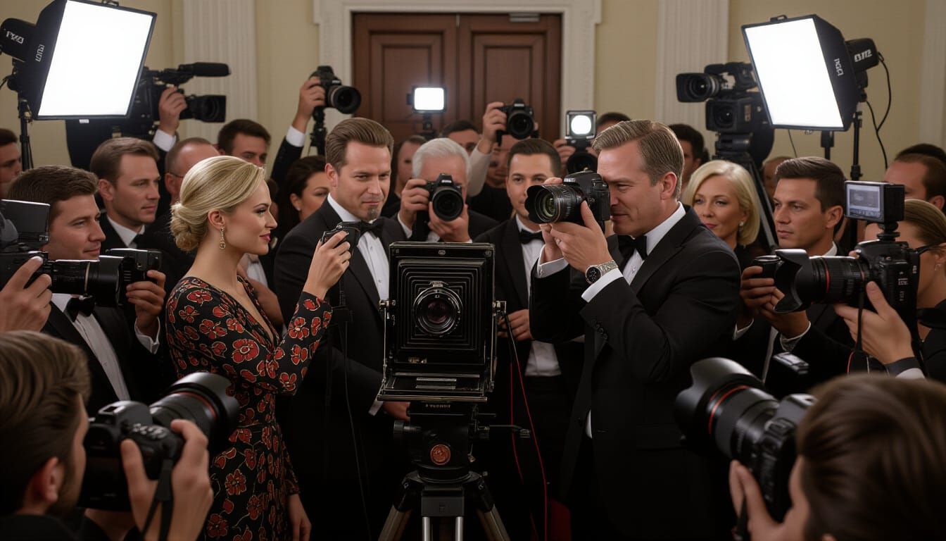 Photographers at Press Conference with Vintage Cameras