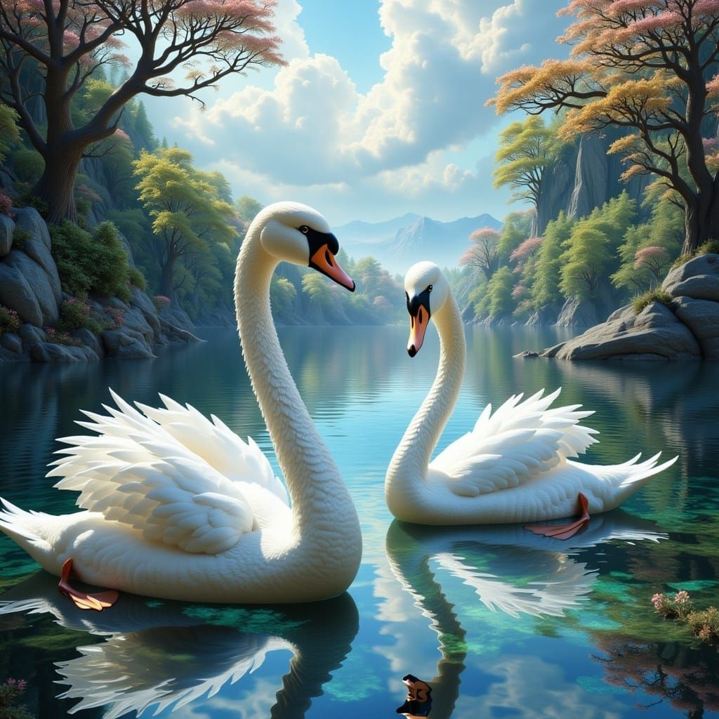 Ethereal White Swans in Vibrant Fantasy Realm