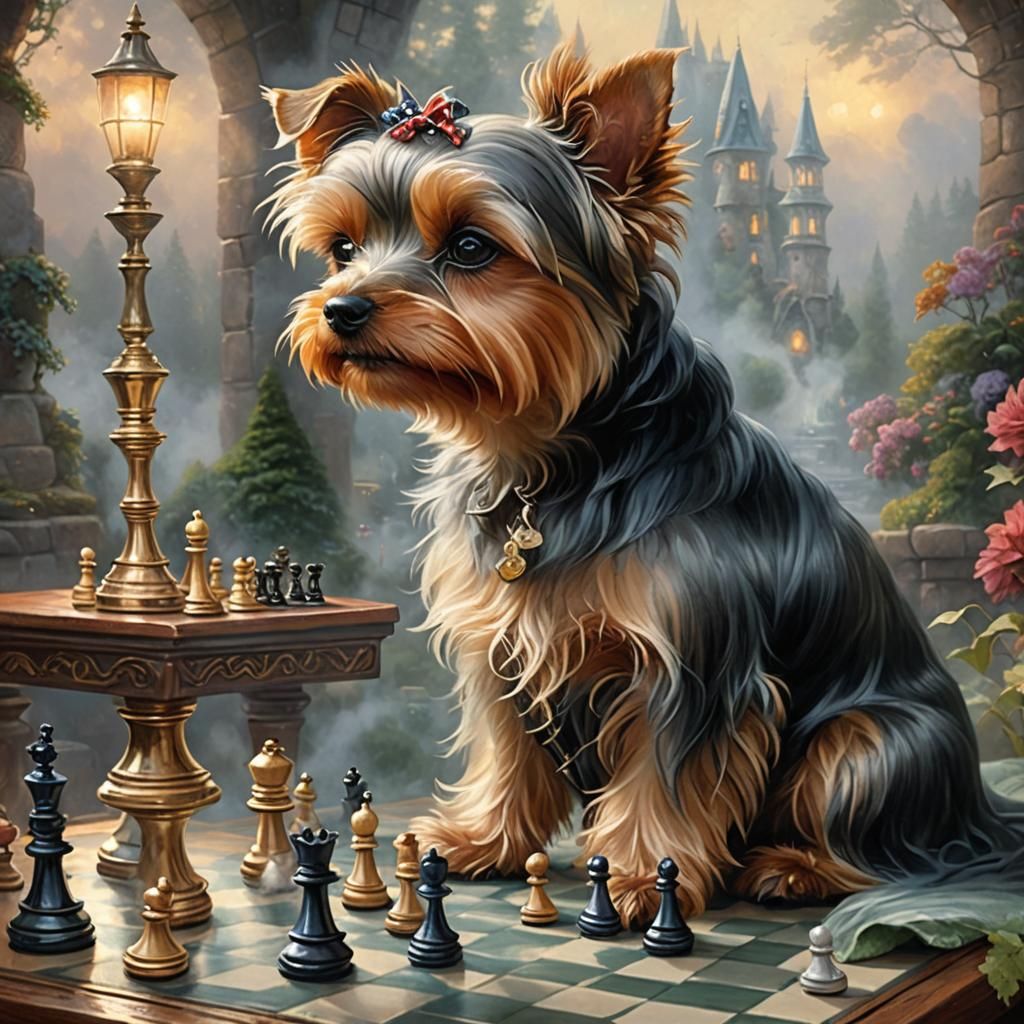 Yorkie Plays Chess in Ethereal Fantasy Style