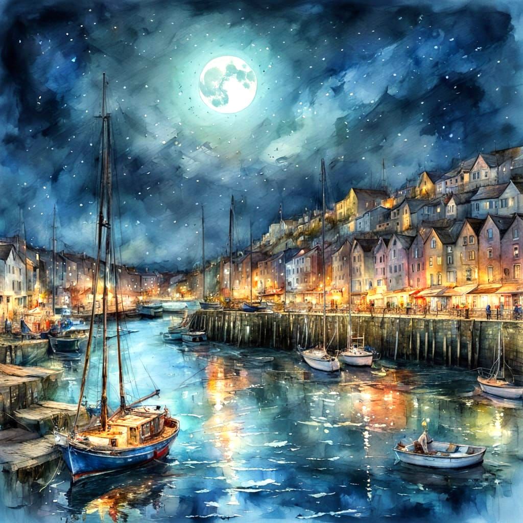 Moonlit Harbour: Watercolour Painting in HDR