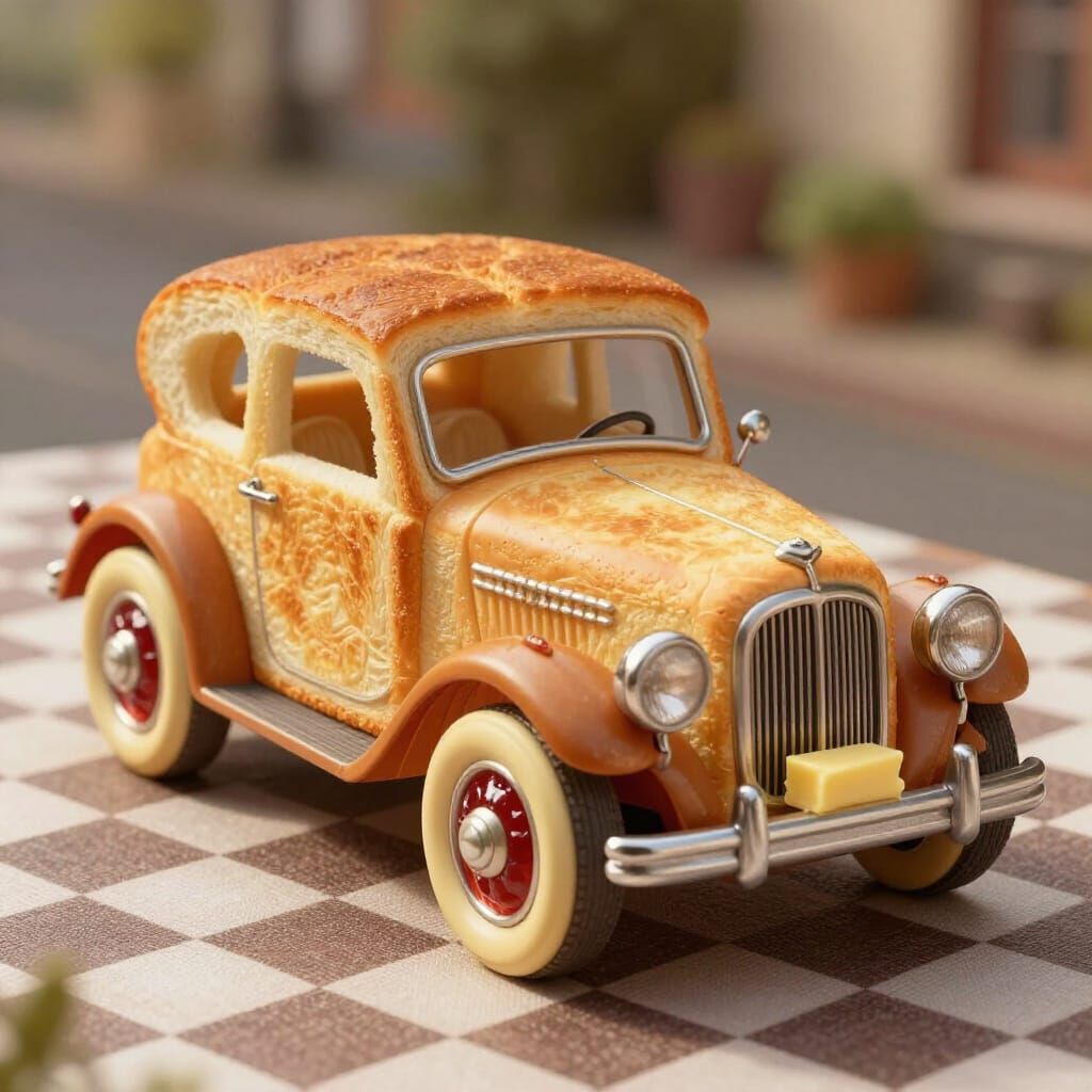 Whimsical Vintage Bread Car on Tablecloth Road