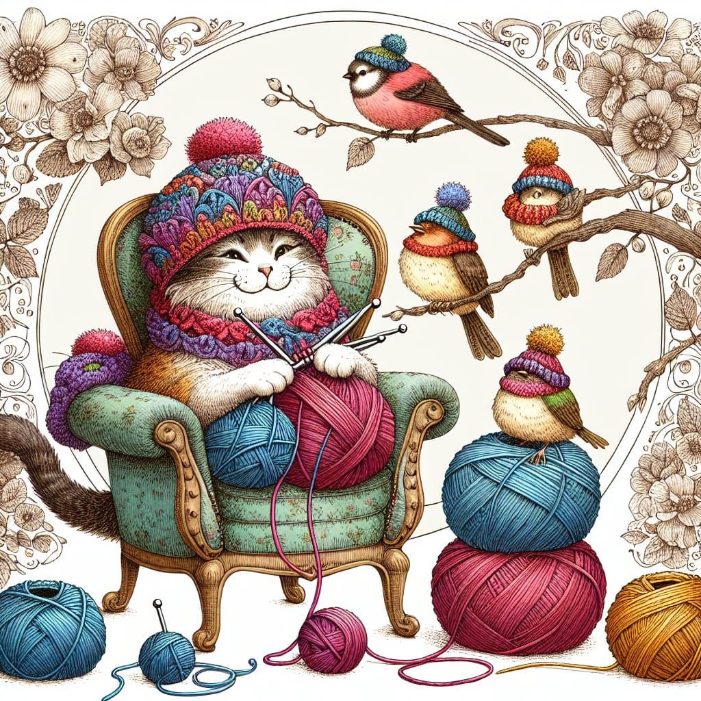 Cat Knits Hats for Birds: Storybook Illustration