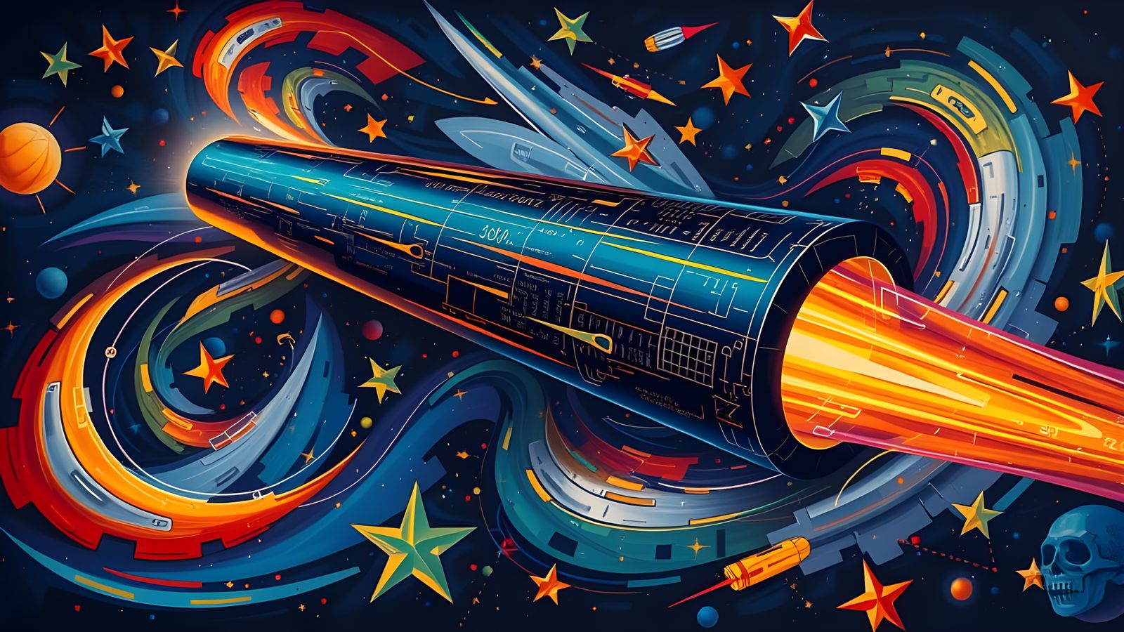 Futuristic Cylinder Races Through Impasto Starry Cosmos