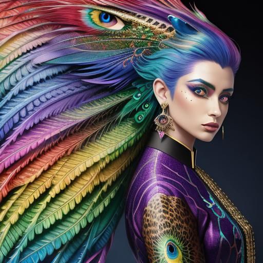 Rainbow Dragon Woman: Cosmic Mixed Media Portrait