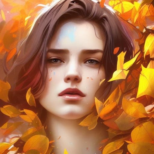 Autumn Woman Dancing in Falling Leaves