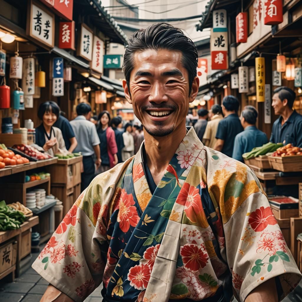 Joyful Japanese Man in Market: Hyperrealistic Portrait