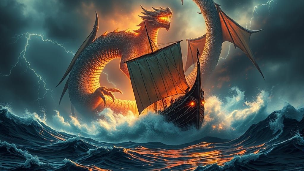 Viking Ship vs Dragon in Stormy Sea