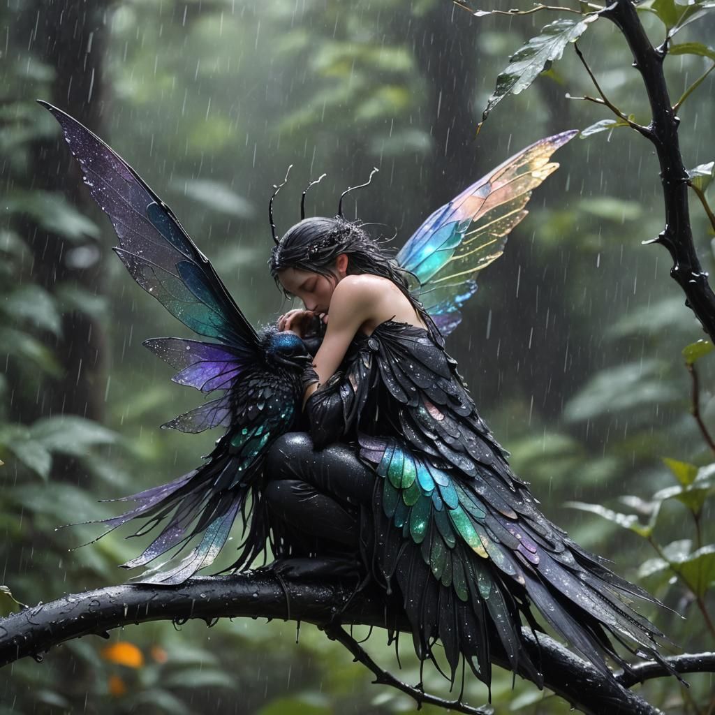Fairy Shelters Under Raven Wing in Rain
