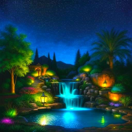 Illuminated Whimsical Fountain at Night: Hyperrealistic Phot...