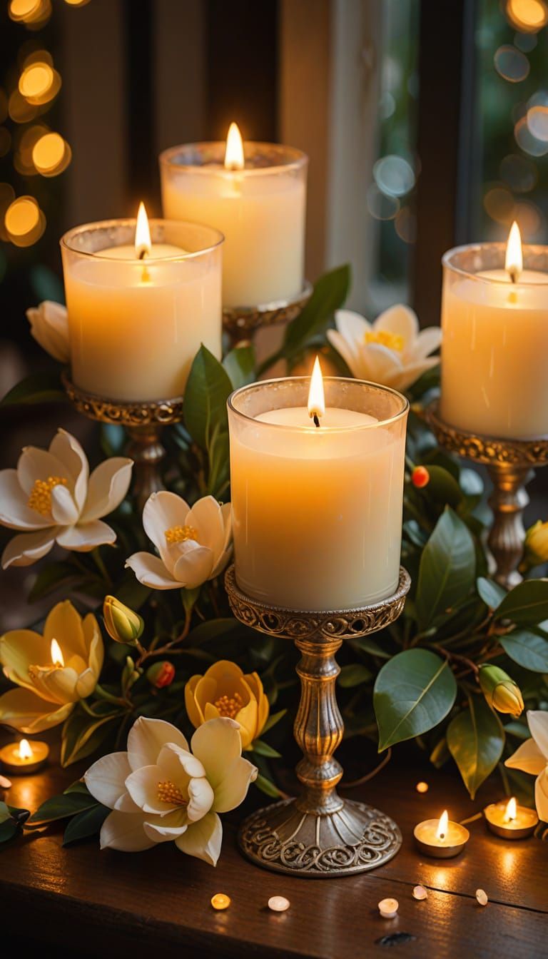 Luxurious Still Life with White Magnolias and Candles