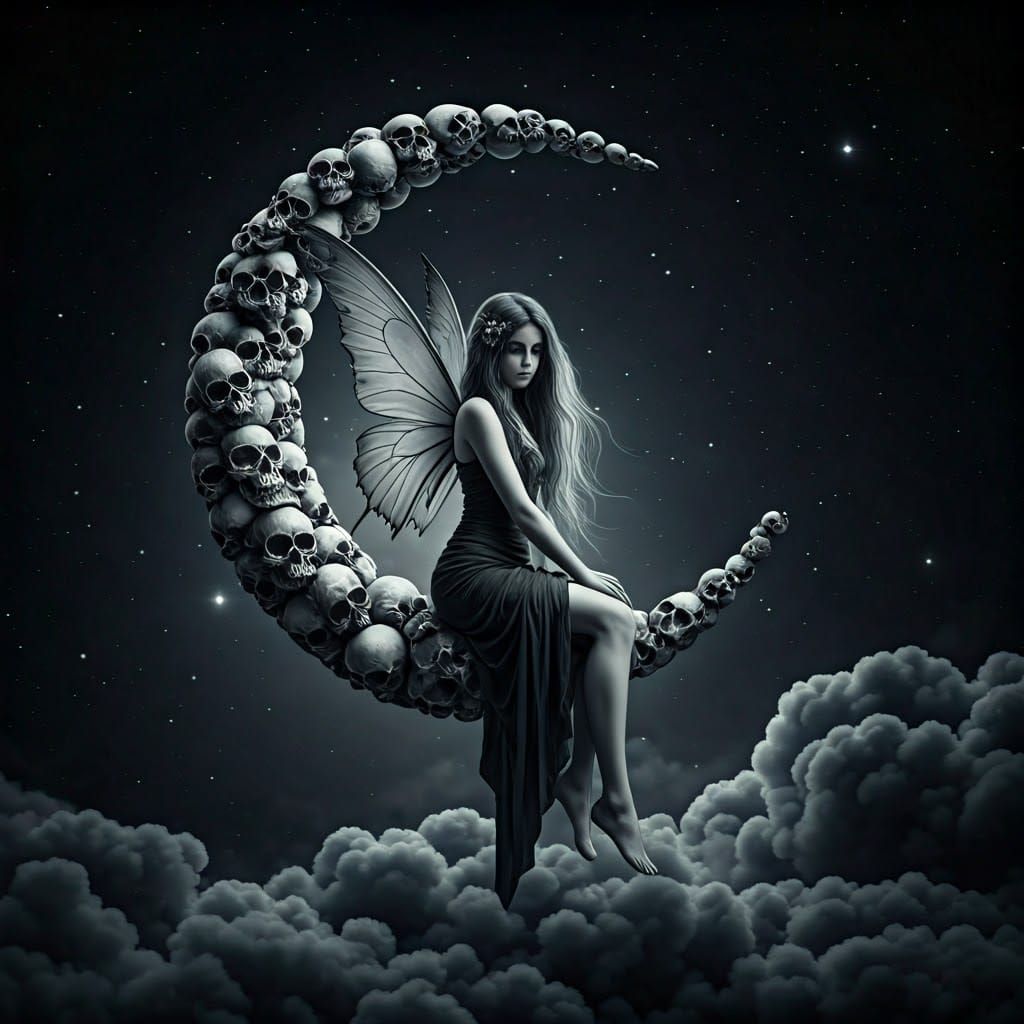 A melancholic fairy sitting on a crescent moon made of skulls