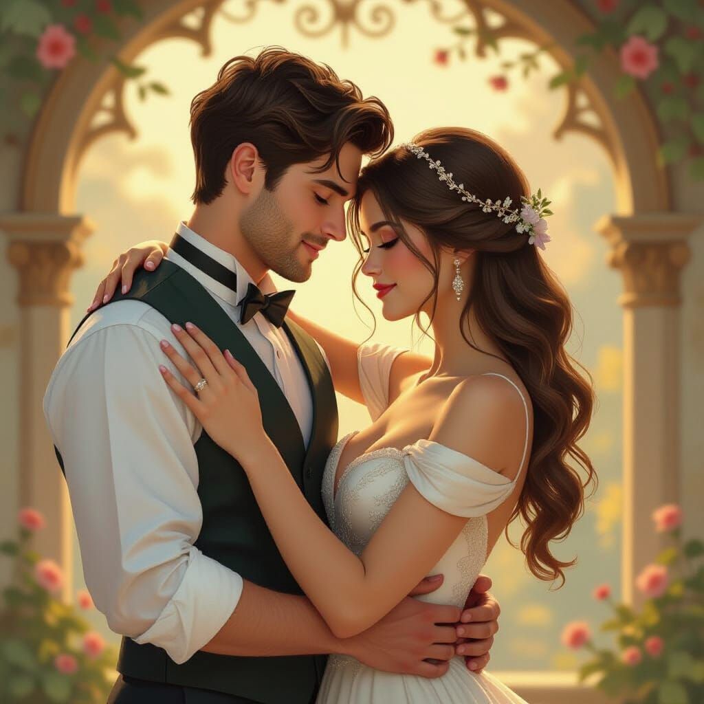 Romantic Image of Man and Girl in Art Nouveau Style