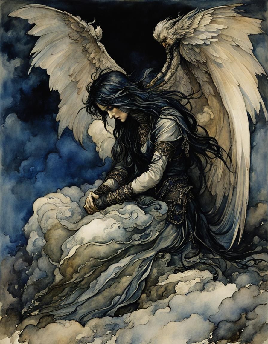 Fallen Angel Watercolor Art in Symbolist Style