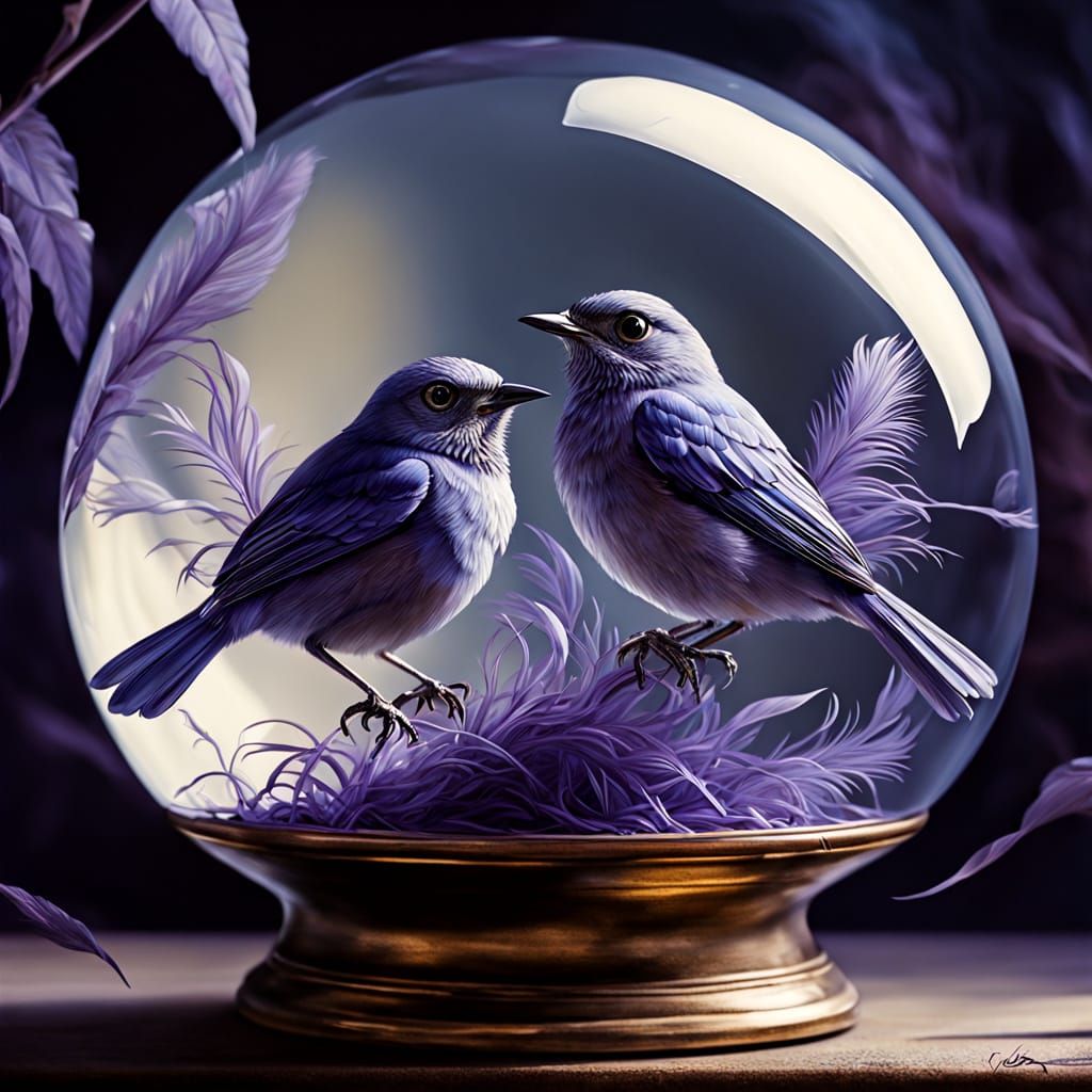 Surreal Oil Painting of Nightingales in Crystal Ball