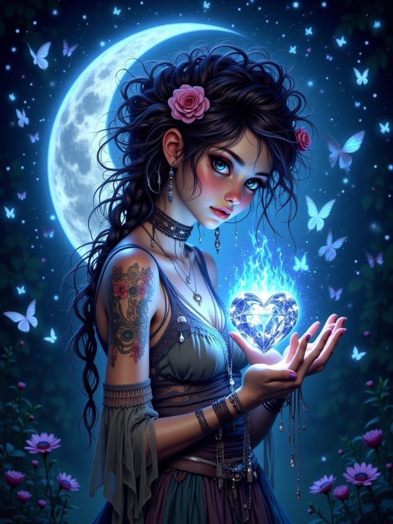 Diamond Heart in Blue Flames, Whimsical Digital Art