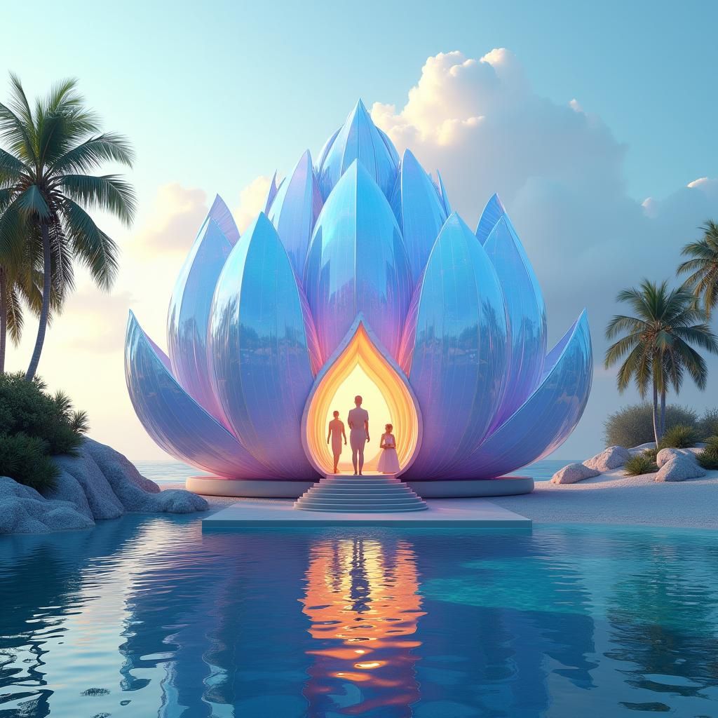 Iridescent Lotus Glass House on a Beach