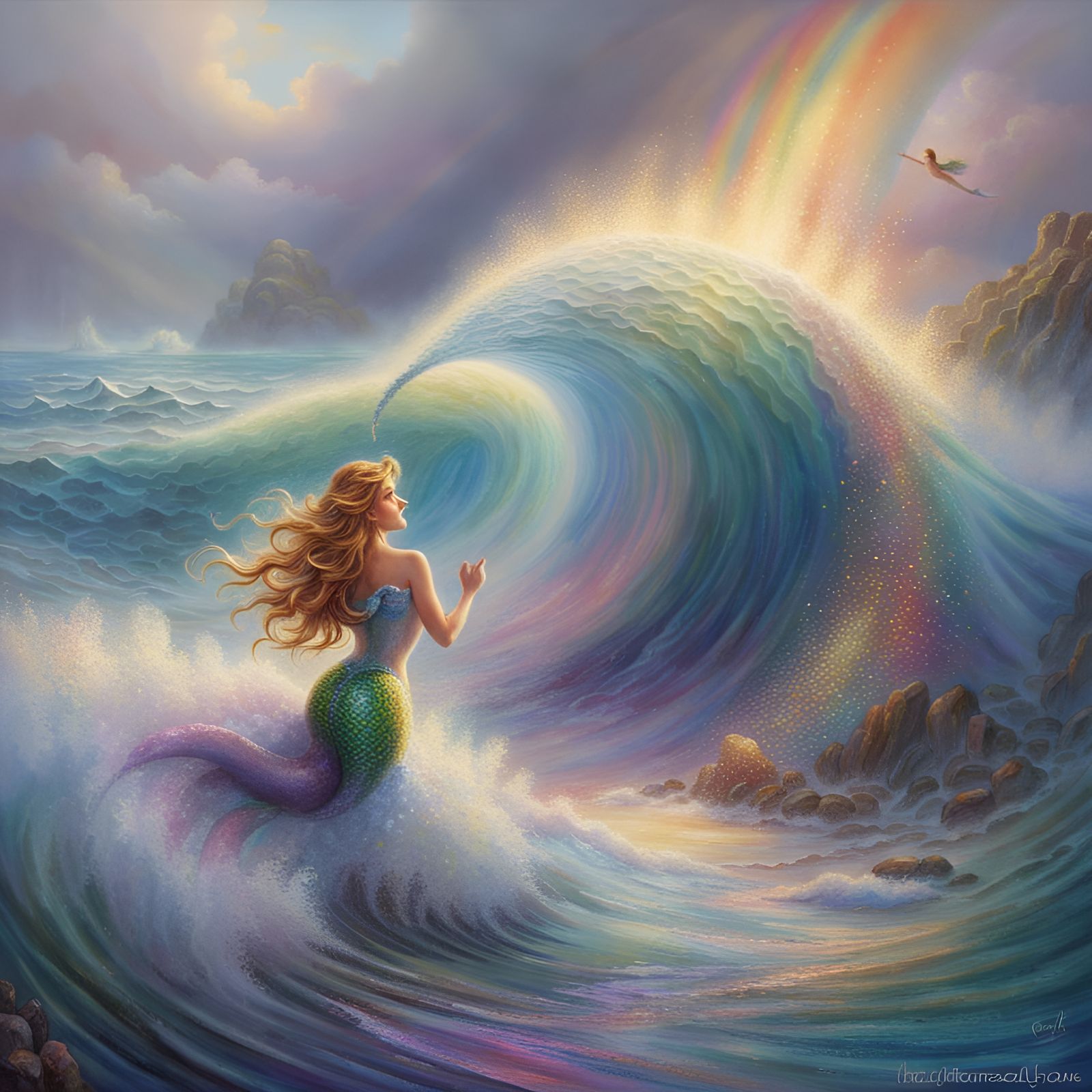 Glittery Mermaid Surfing Rainbow Waves in Fantasy Style