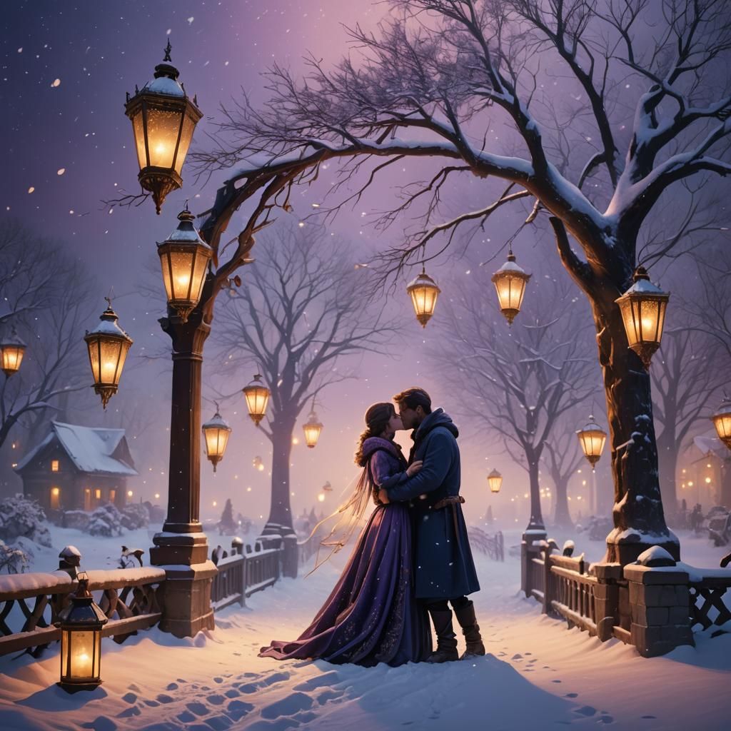 Romantic Couple Kissing in Snowy Fantasy Landscape