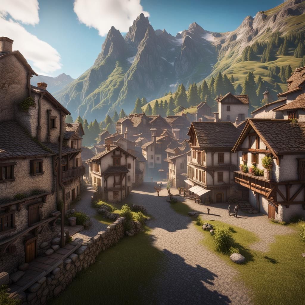 Pyrenees Mountain Town in 3D Cinematic Style