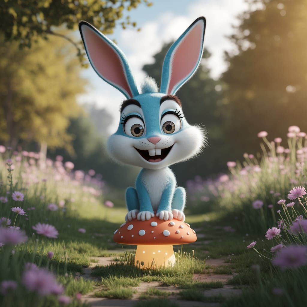 Cheerful Rabbit on Glowing Mushroom in 3D Render