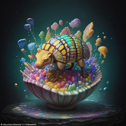 Sabertooth Armadillo in Candy Rain, Oil Painting