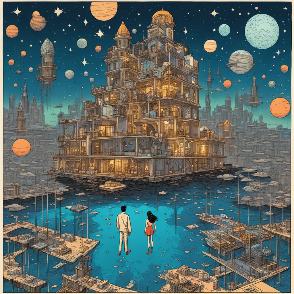 Pop Comic Style Nude Figures in Starry City