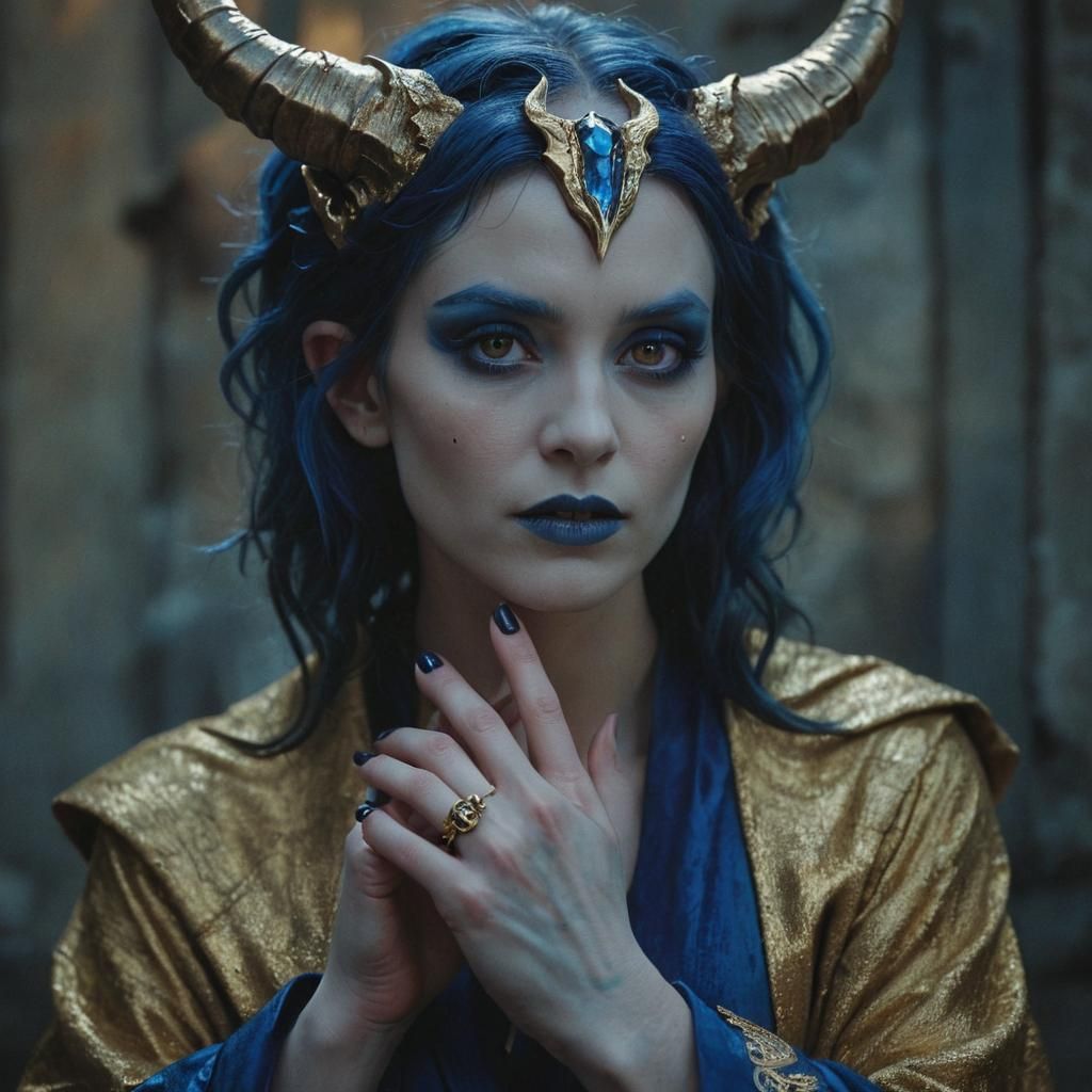 Blue-Skinned Warlock Shows Sapphire Ring in Fauvist Style