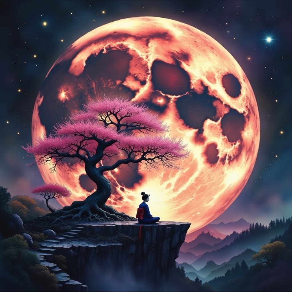 Surreal Moon Landscape with Meditating Geisha