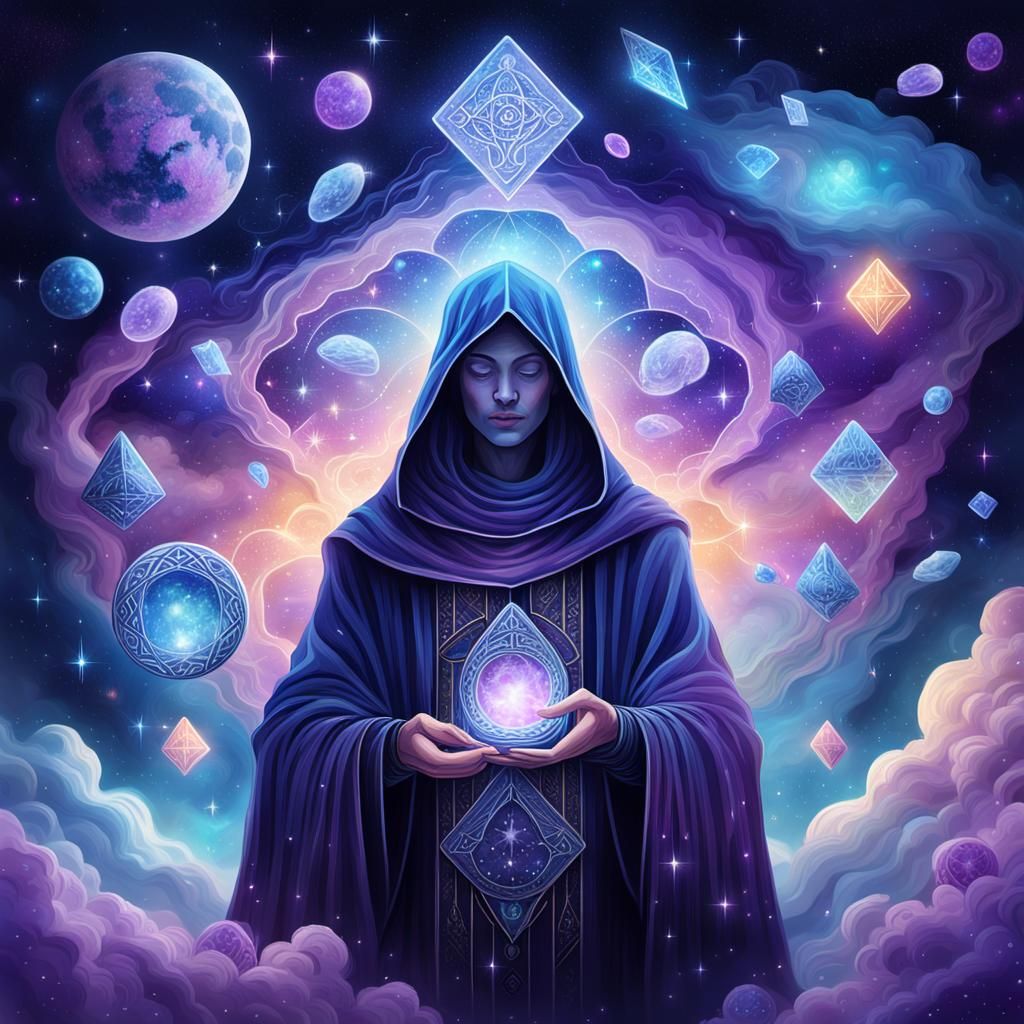 Cosmic Tarot Reader in a Mystical Dreamscape