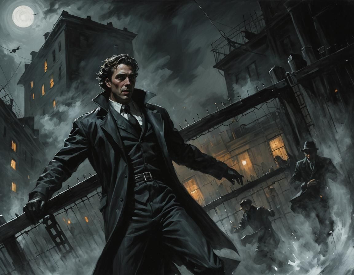 Noir Painting: Figure Leaping Through Fence at Night