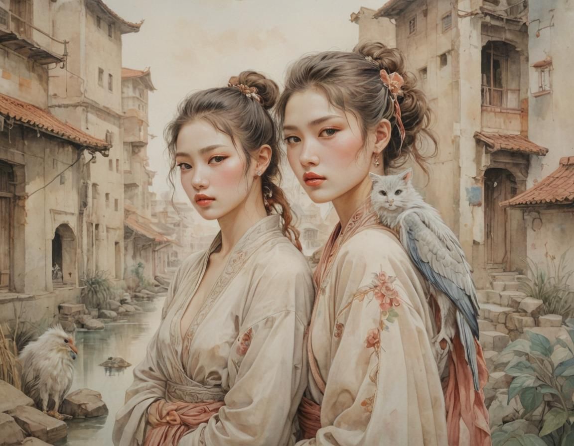 Dystopian Chinese Peasants: Double Exposure Oil Painting