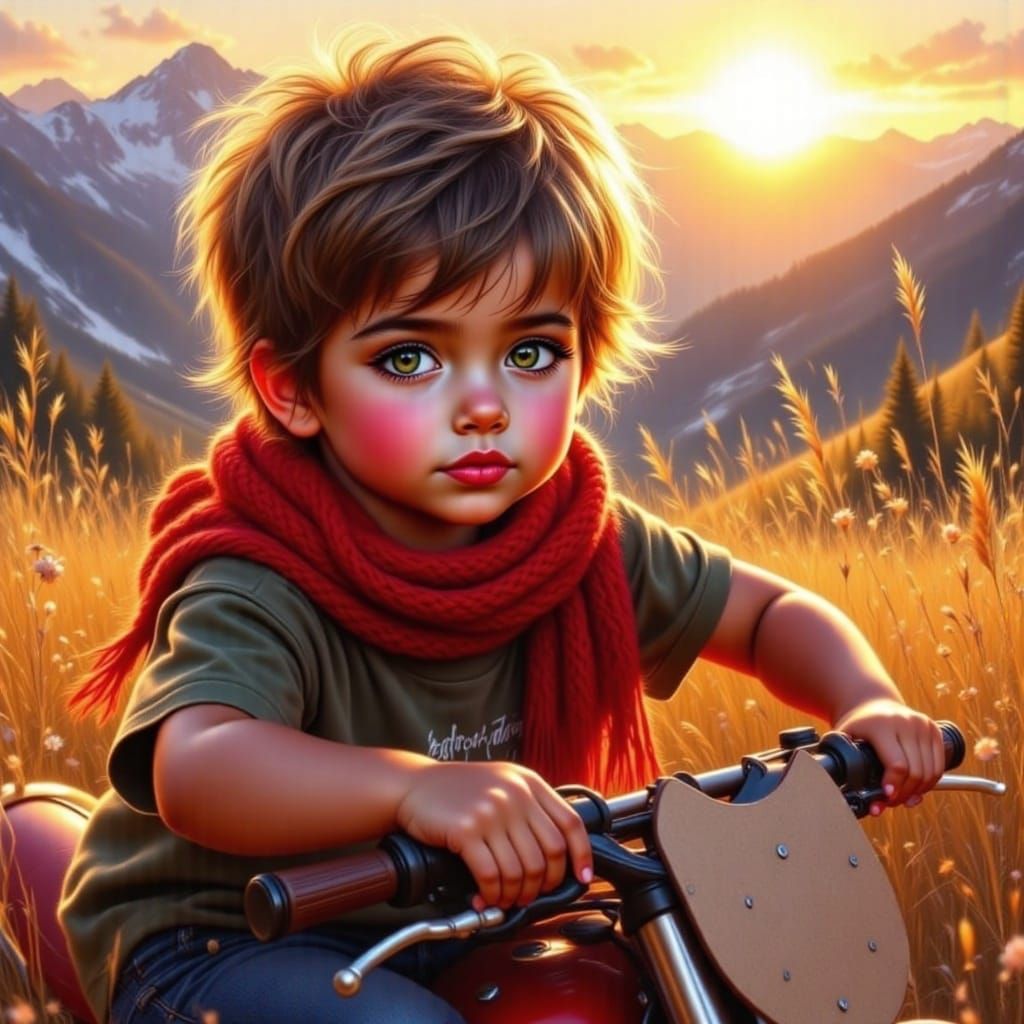 Determined Boy Rides Dirt Bike in Golden Hour