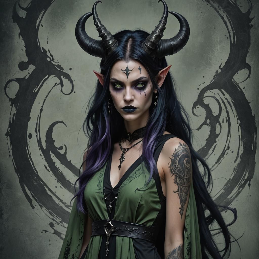 Gothic Blue-Skinned Sorceress with Horns, Hyperrealism