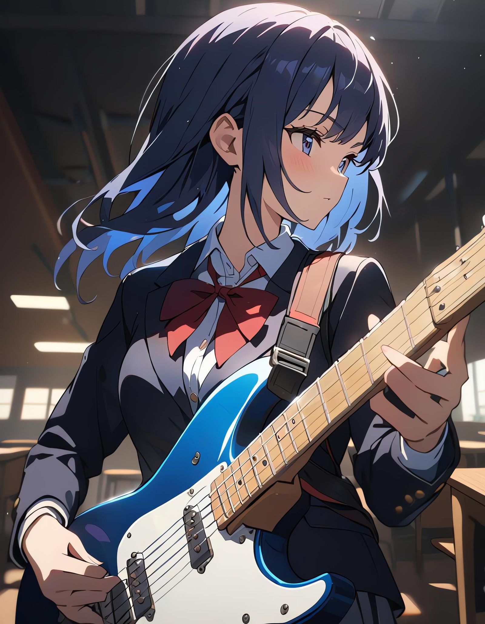Girl in School Uniform with Guitar, Cel Shading