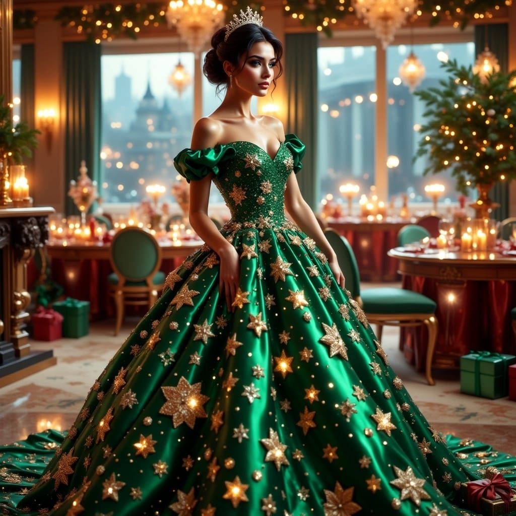 Glamorous Green Goddess in Holiday Splendor