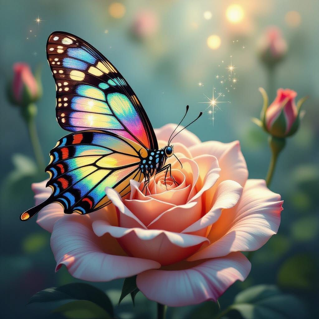 Surreal Butterfly on Glowing Rose Oil Painting