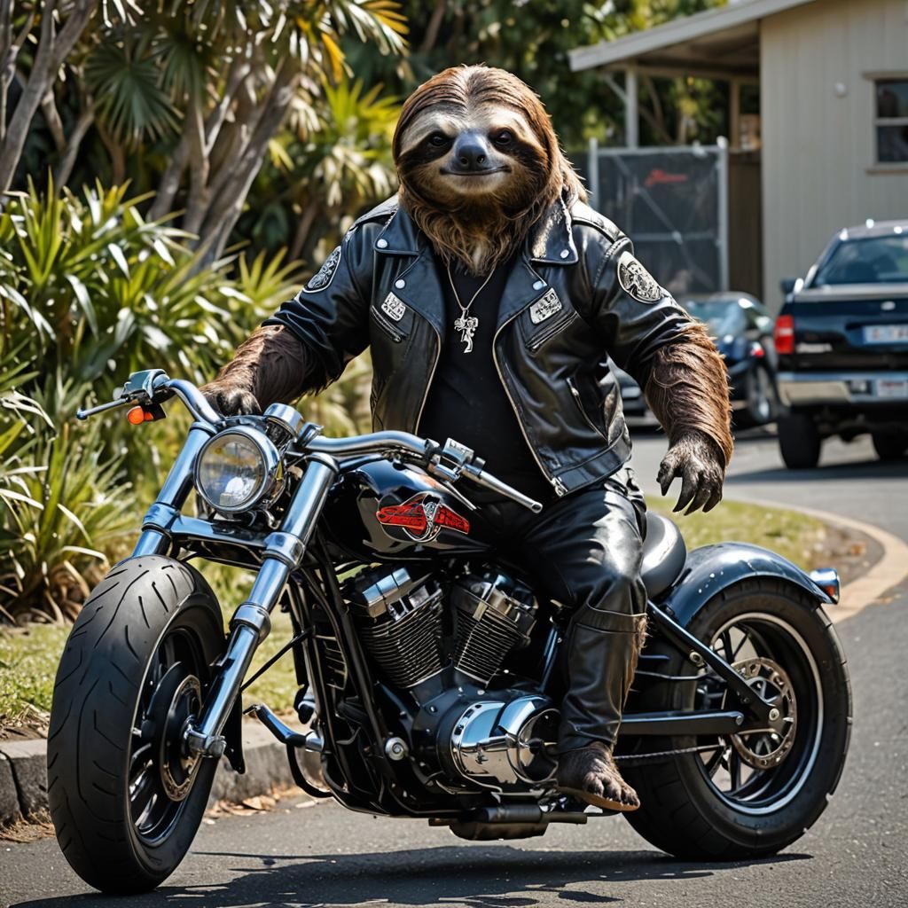 Sammy the Sloth has turned into a leather clad Devil’s Angels Bikie leaning casually against his chopper motor bike in R...