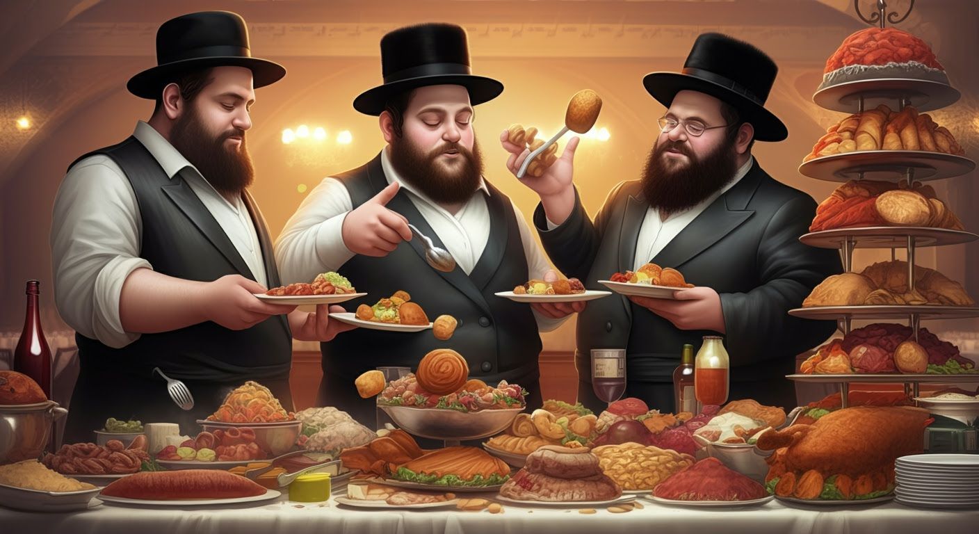 Hasidic Men Enjoying a Kosher Buffet Feast