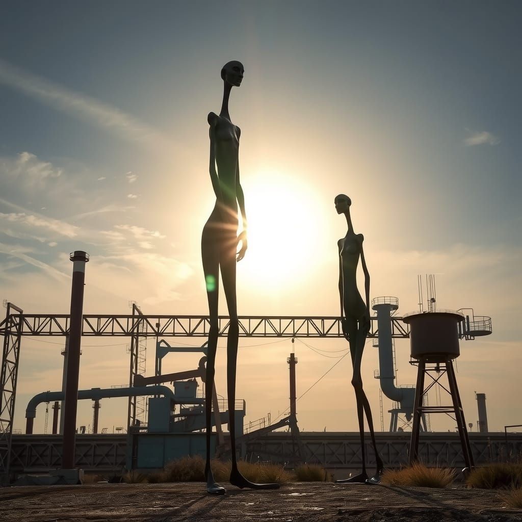 Ethereal Stilt Walkers in a Moody Industrial Landscape