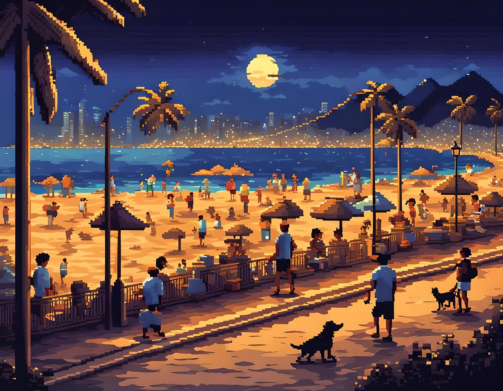 Pixel Art: Night on Rio Beach With Golden Dog