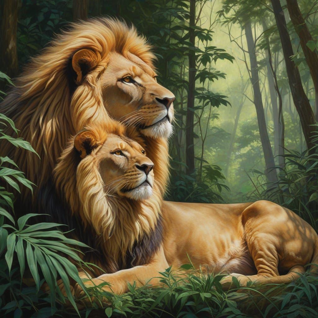 Wildlife Art of Lion and Lioness in Tropical Jungle