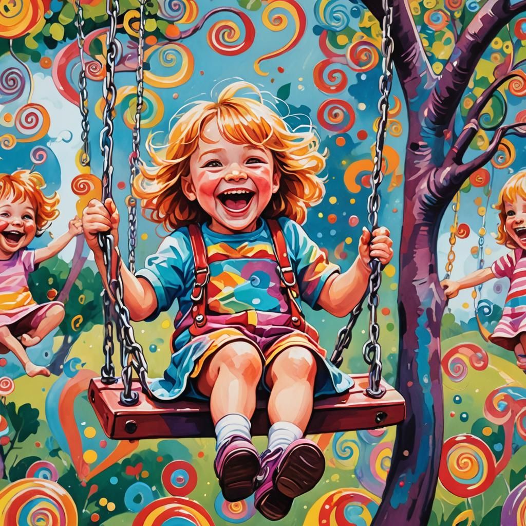 Laughing Child on Swing: Candyland Gouache Art