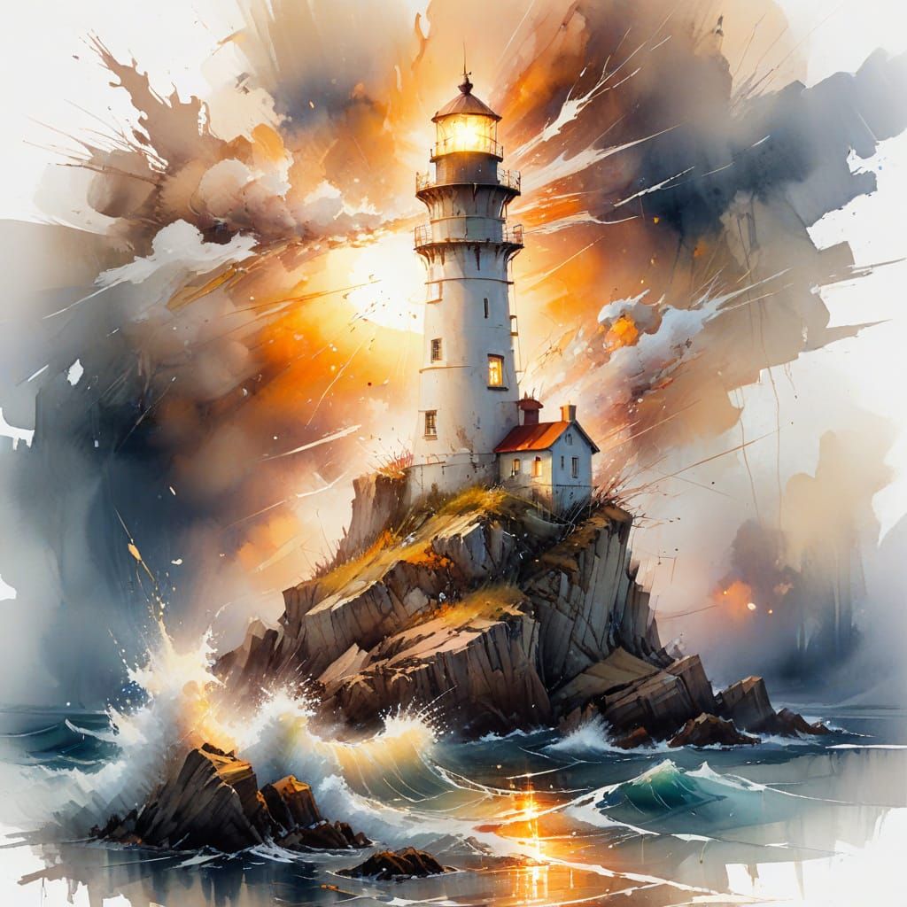 Old Lighthouse in Stormy Sunset, Watercolour Style