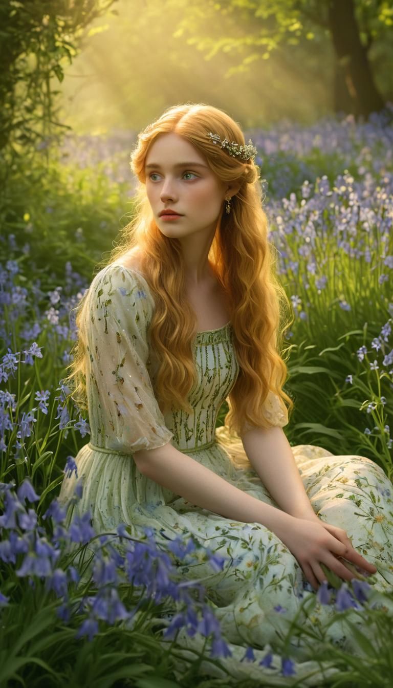 Ethereal Lady in Bluebell Meadow: Pre-Raphaelite Style