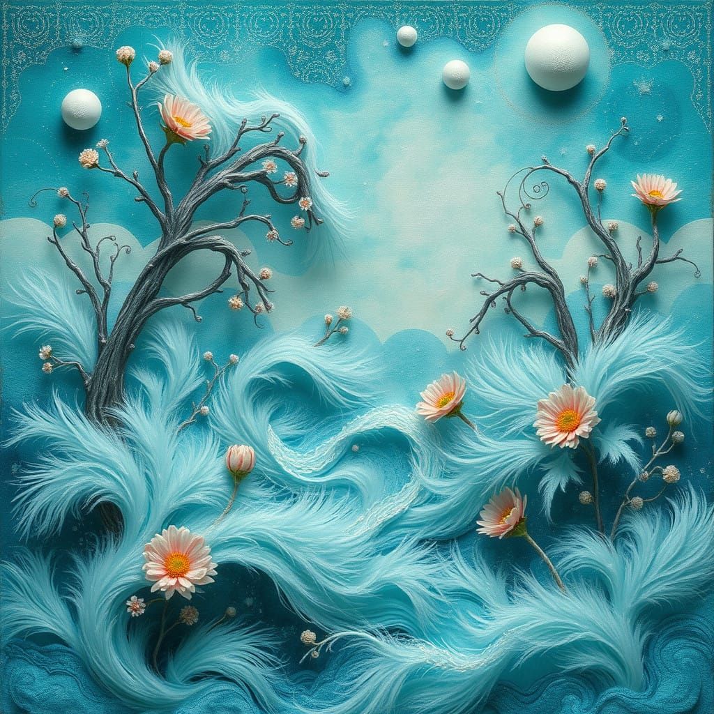 Turquoise Dreamscape in Whimsical Folk Art Style