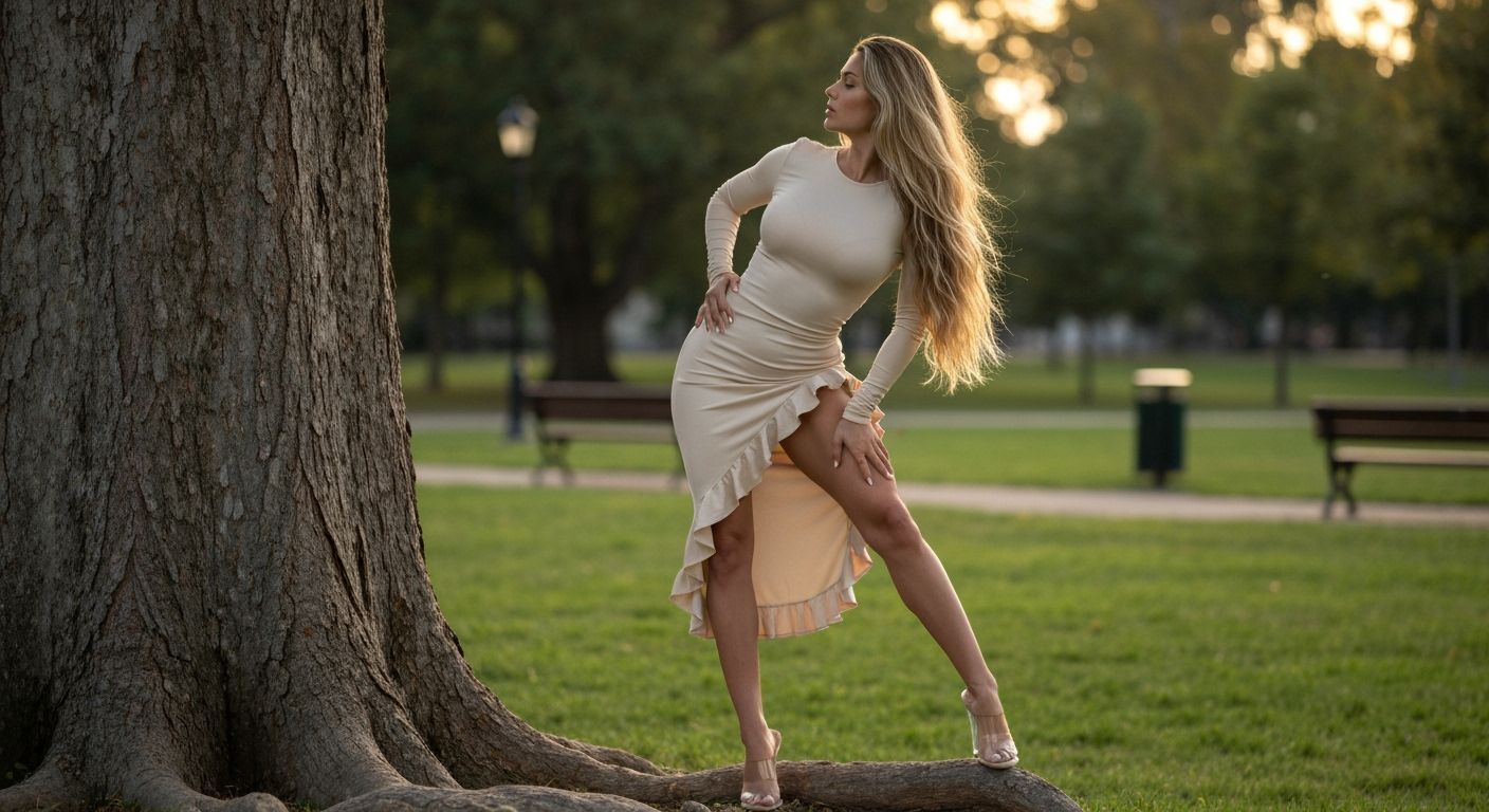 Photorealistic Woman Poses in Serene Park Setting