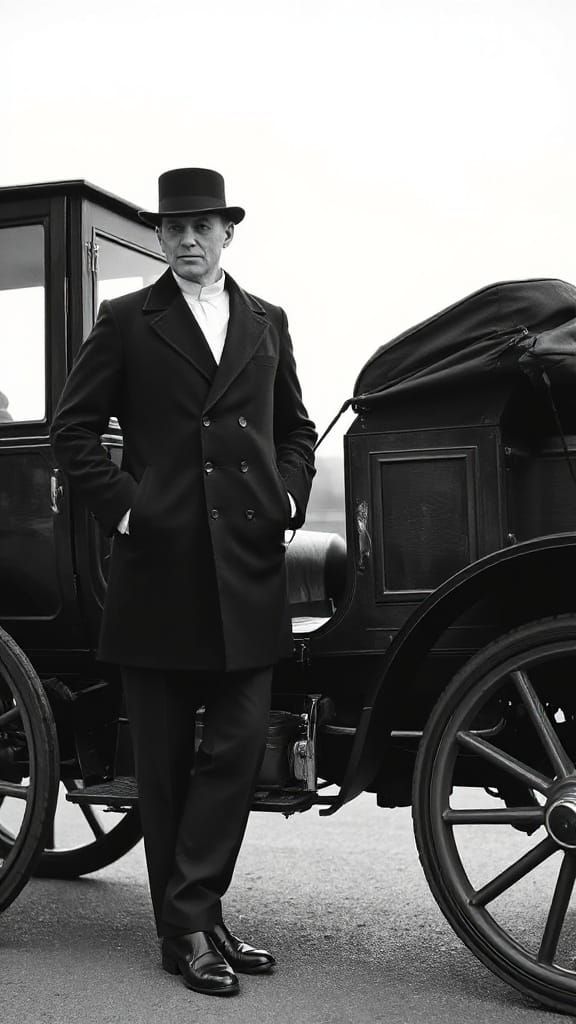Elegant Gentleman Inspects Vintage Automobile