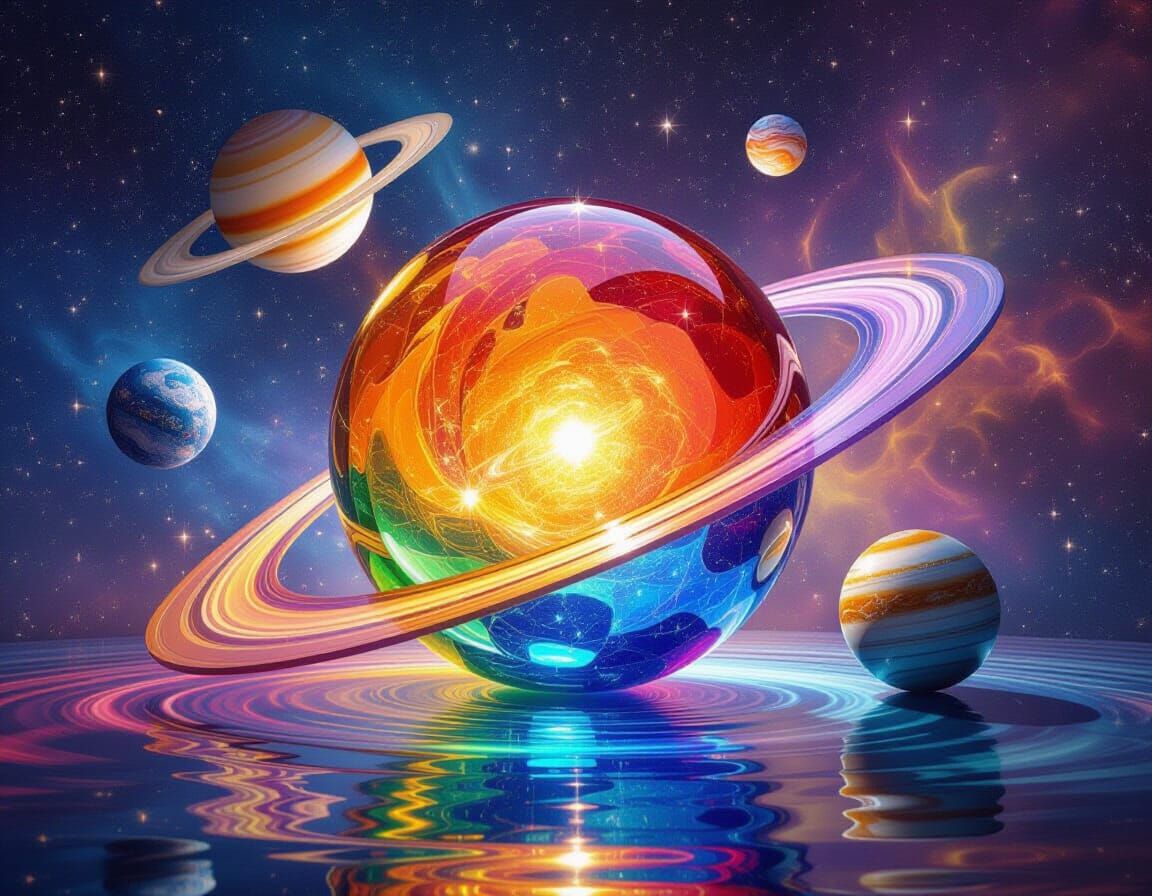 Vibrant Glass Solar System With Blown Glass Sun